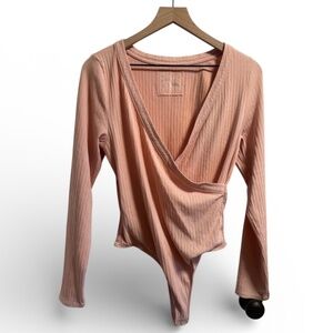 NWT Aerie Pink Ribbed Wrap Bodysuit Long Sleeve V-Neck Size XL